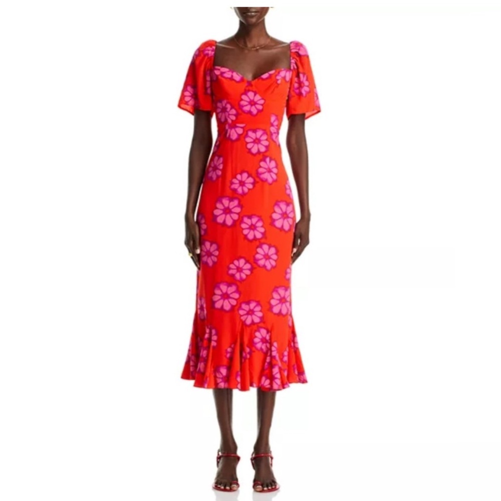 RHODE Red and Pink Ruffled Midi Dress with Puff Sleeves
